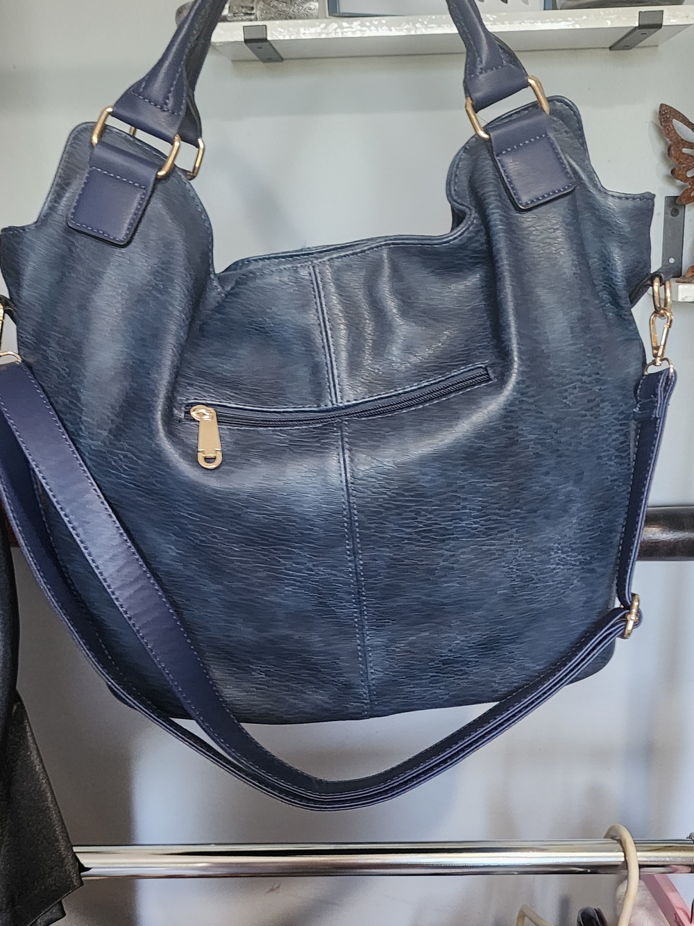 Classic Navy Vegan Leather Tote Bag with Detachable Strap 17x11 - Picture 2 of 8